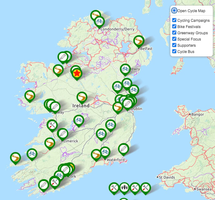 Map showing cycling advocacy groups around Ireland
